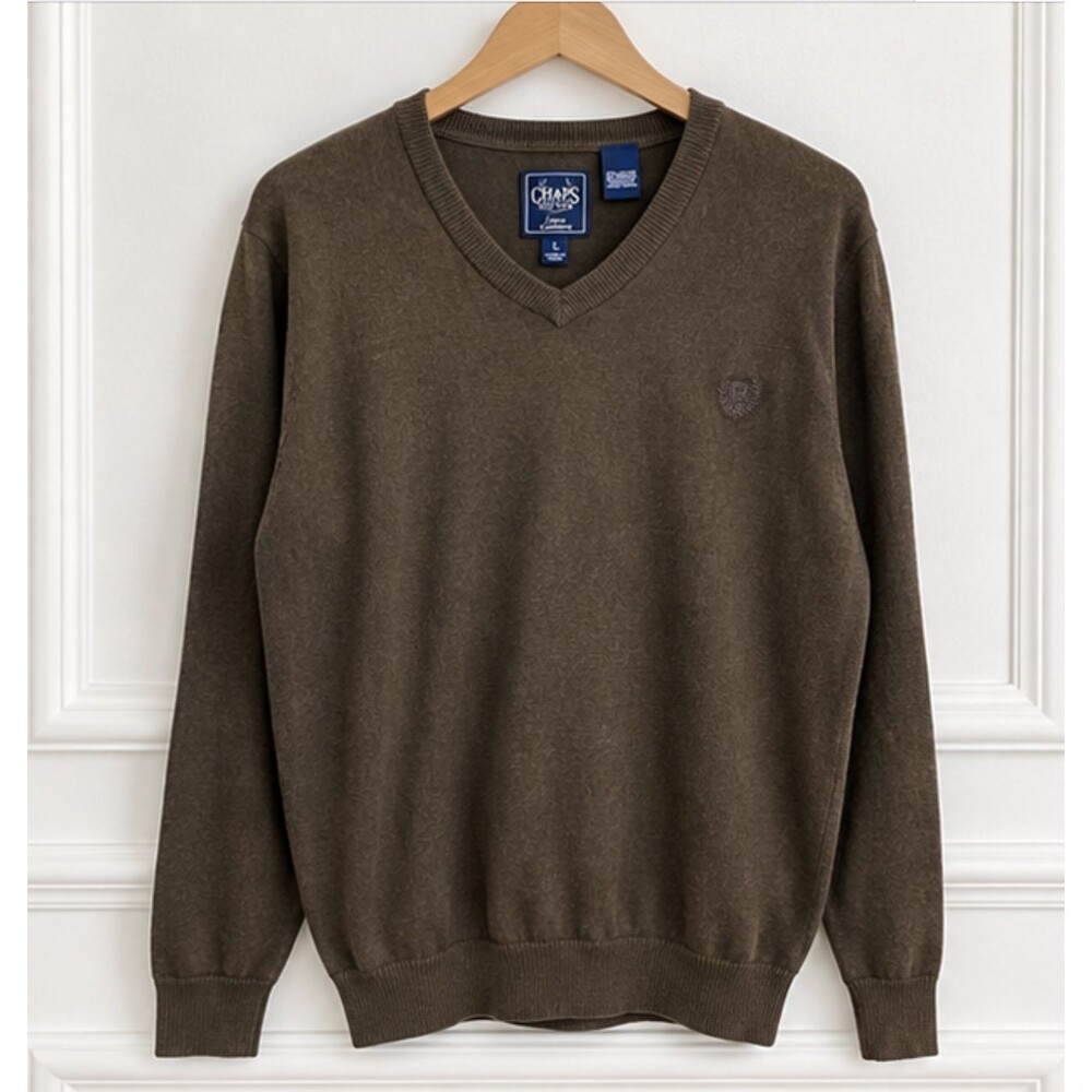 CHAPS Mens L Brown Cotton Cashmere V Neck Sweater Lightweight Knit Pullover
